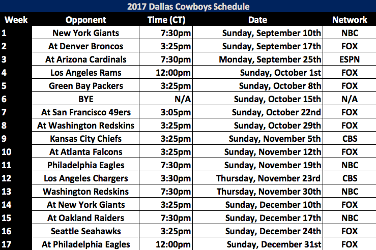 2017 Dallas Cowboys Schedule Released