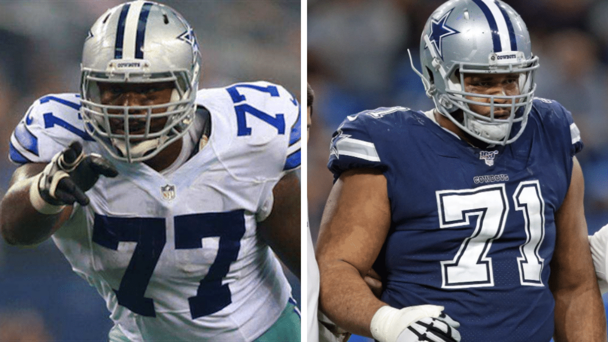 Dallas Cowboys offensive tackle Tyron Smith (77) and center Joe Looney (73)  share a laugh during an NFL football training camp in Frisco, Texas,  Sunday, Aug. 23, 2020. (AP Photo/Michael Ainsworth Stock Photo - Alamy