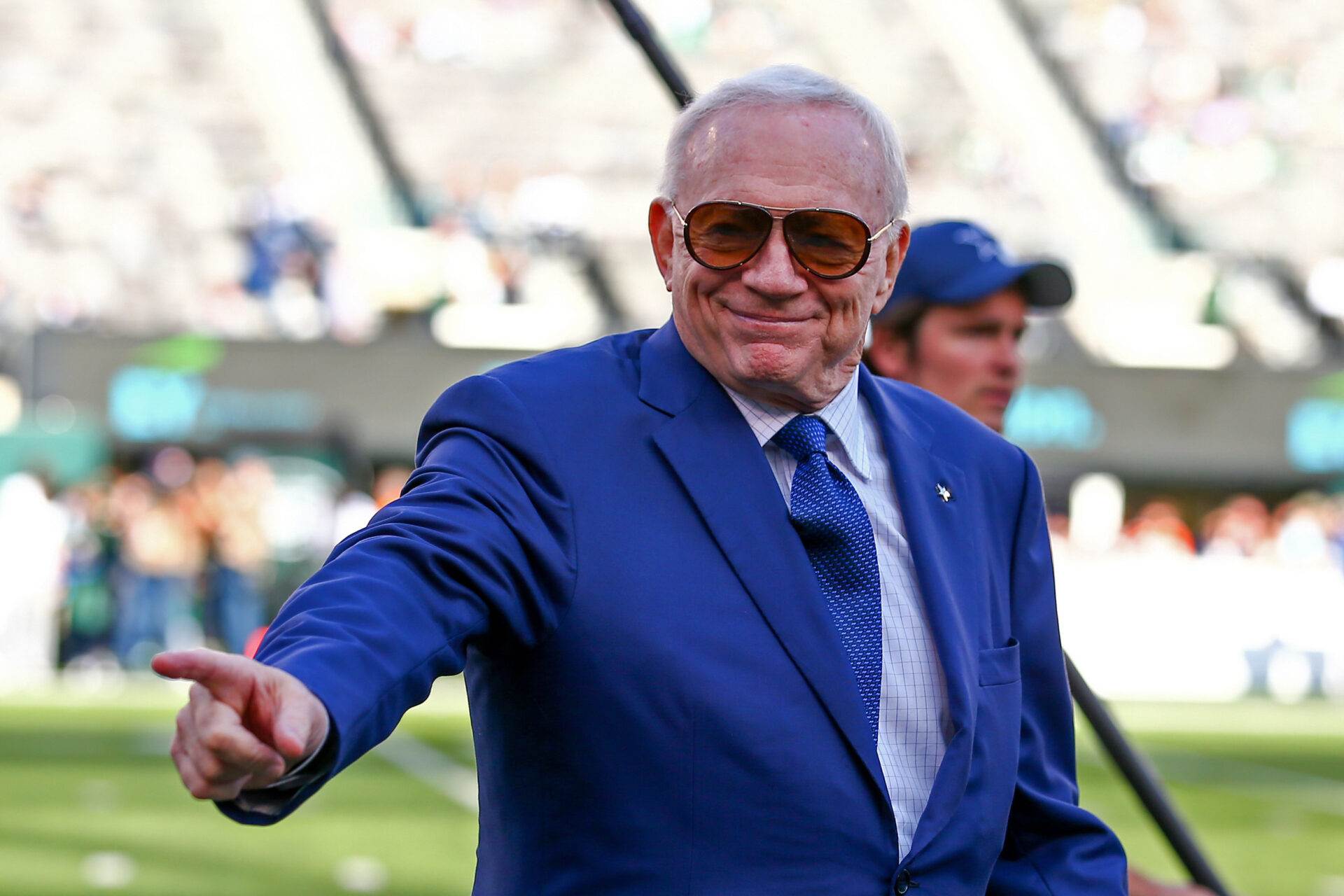 EAST RUTHERFORD, NJ - OCTOBER 13: Dallas Cowboys owner Jerry Jones prior to the National Football League game between the New York Jets and the Dallas Cowboys on October 13, 2019 at MetLife Stadium in East Rutherford, NJ. (Photo by Rich Graessle/Icon Sportswire via Getty Images)