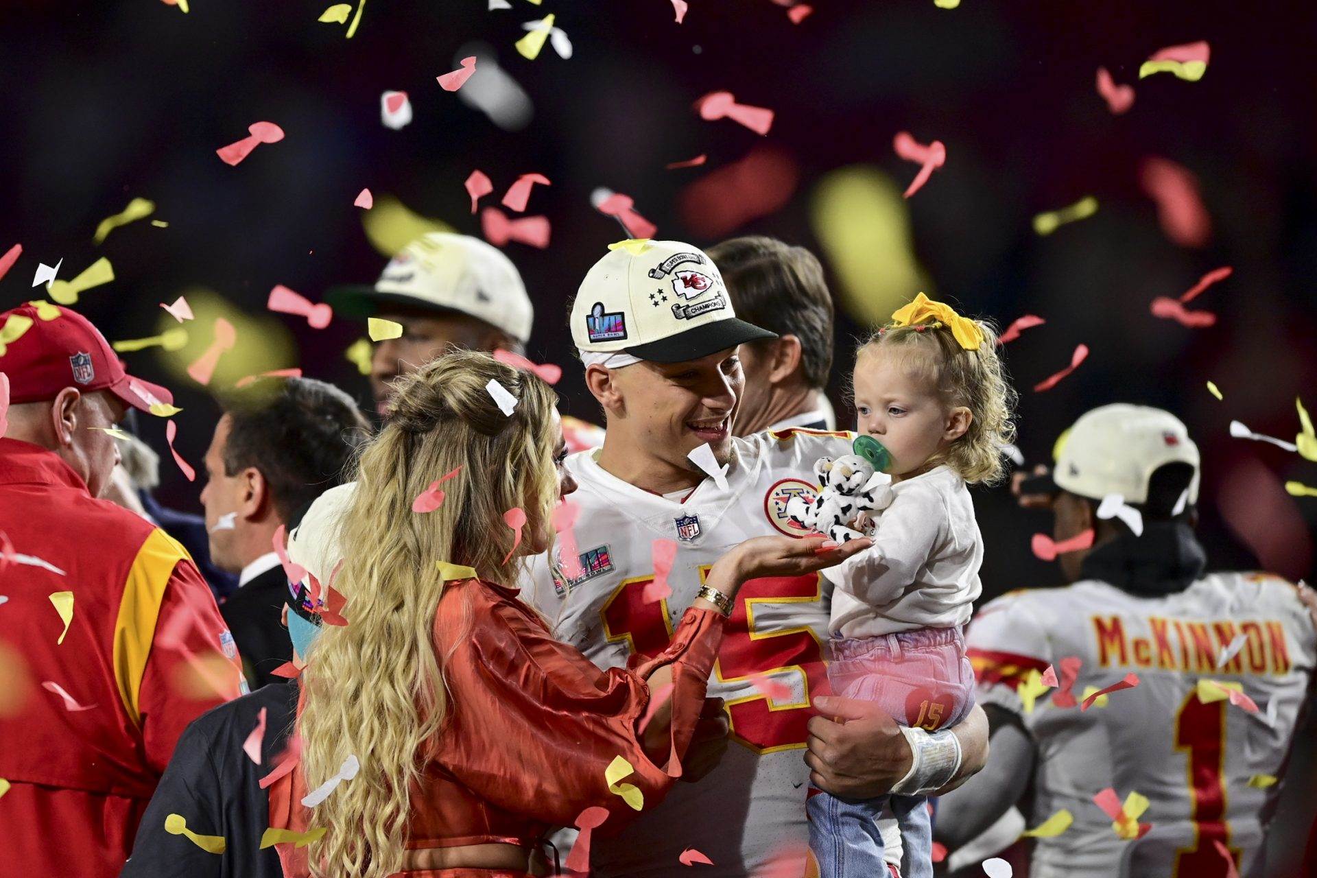 Quarterback Patrick Mahomes with his wife (Brittany Mahomes) and his daughter (Sterling Skye Mahomes) as Super Bowl 57