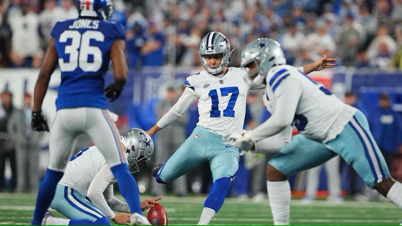 Brandon Aubrey attempts a field goal in the Cowboys' 40-0 win over the Giants on Sunday, September 10, 2023.