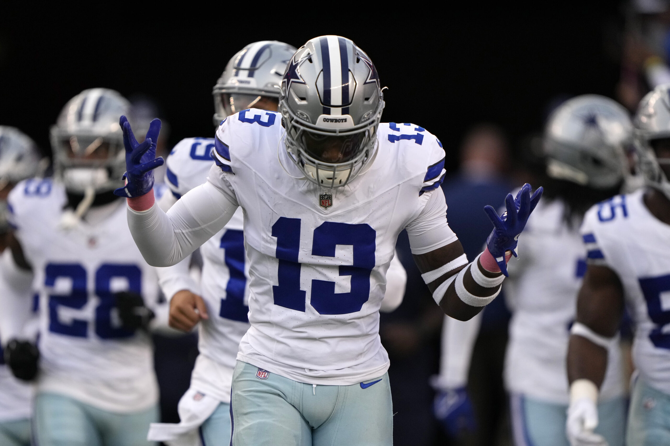 SANTA CLARA, CALIFORNIA - OCTOBER 27: DeMarvion Overshown #13 of the Dallas Cowboys takes the field prior to a game against the San Francisco 49ers at Levi's Stadium on October 27, 2024 in Santa Clara, California. (Photo by Thearon W. Henderson/Getty Images)