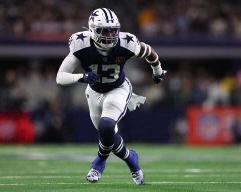 ARLINGTON, TEXAS - NOVEMBER 28: Linebacker DeMarvion Overshown #13 of the Dallas Cowboys defends during the second half against the New York Giants at AT&T Stadium on November 28, 2024 in Arlington, Texas. (Photo by Sam Hodde/Getty Images)