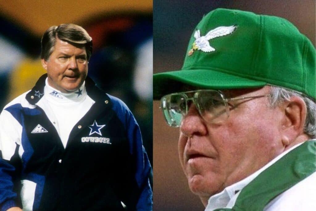 Dallas Cowboys coach in team jacket with logo, on the field during a game. re-ignited when Jimmy Johnson and Buddy Ryan hit the sidelimes in 1989.