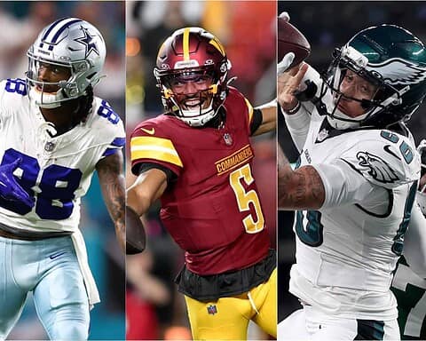 NFL football players representing New York Giants, Dallas Cowboys, Washington Commanders, and Philadelphia Eagles in action. Focus on NFL teams, American football, and game intensity.