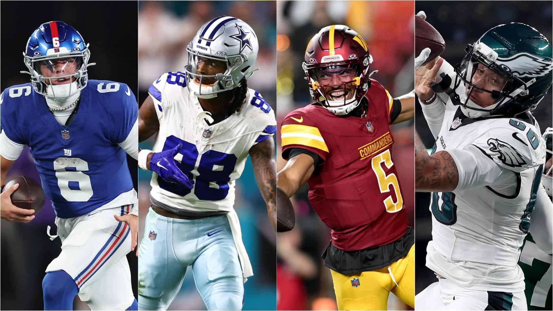 NFL football players representing New York Giants, Dallas Cowboys, Washington Commanders, and Philadelphia Eagles in action. Focus on NFL teams, American football, and game intensity.