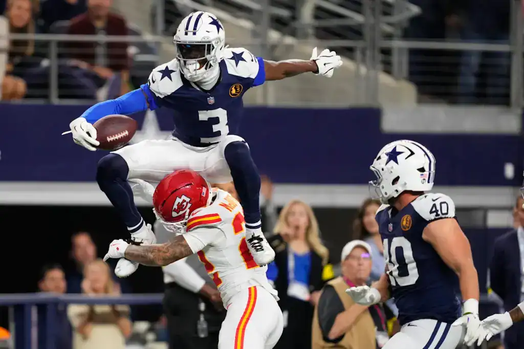 High-energy NFL football game featuring Dallas Cowboys and Kansas City Chiefs, with players in action on the field, emphasizing American football, athleticism, and game excitement.