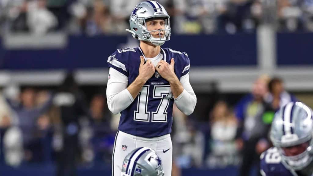 Cowboys kicker Brandon Aubrey looks ahead as he prepares to kick a field goal.
