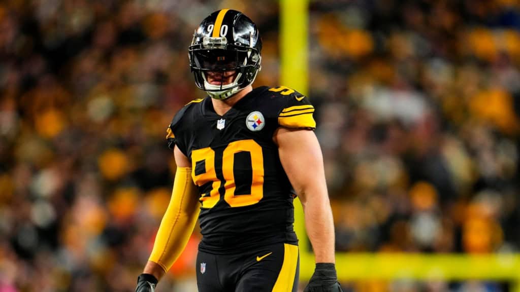 Steelers defender T.J. Watt stands on the field during a night game. 