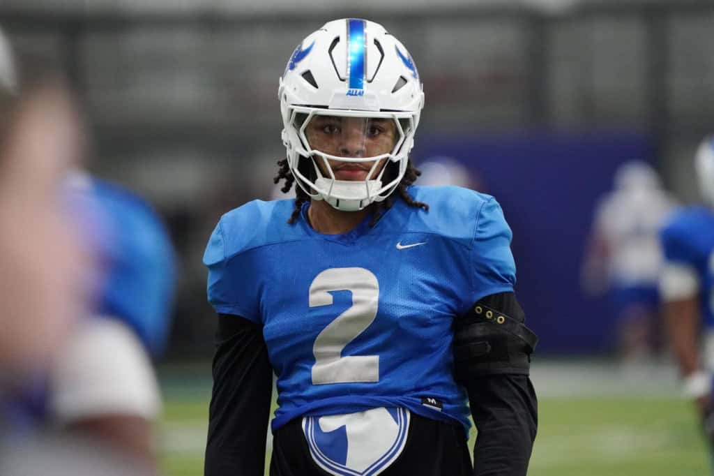 University at Buffalo linebacker Red Murdock (2) during spring practice in the Murchie Fieldhouse.