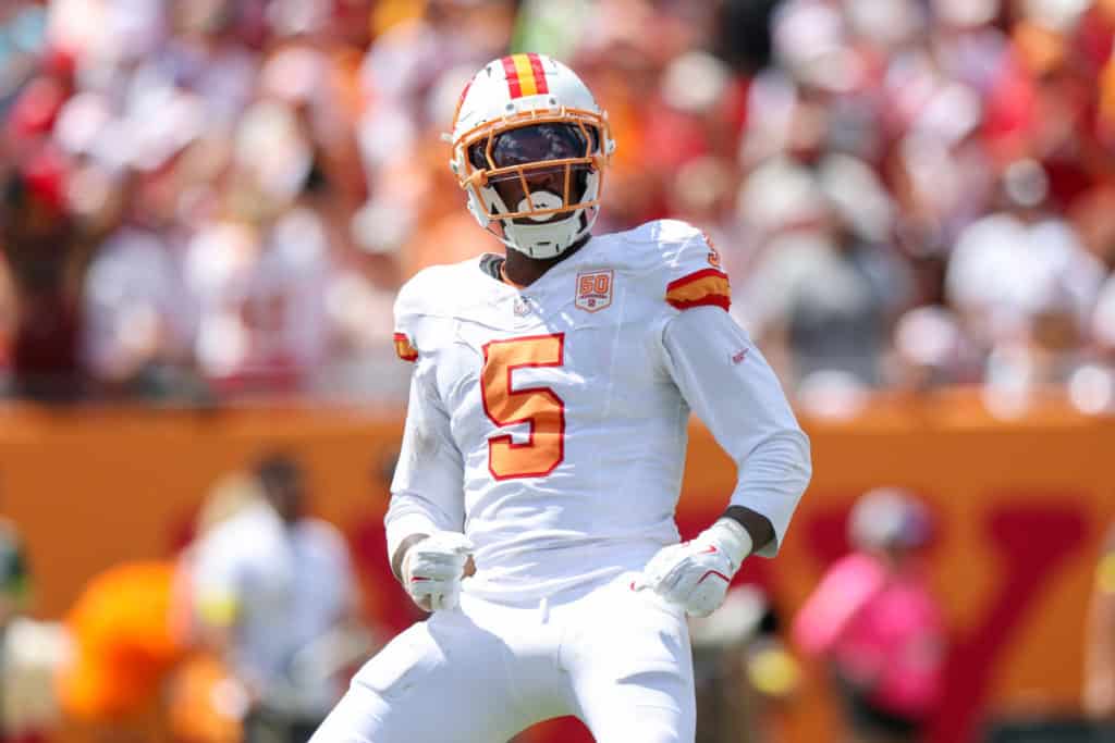 Haasan Reddick in a white and orange Tampa Bay Buccaneers jersey, celebrating on the field with his helmet visor reflecting the stadium lights.