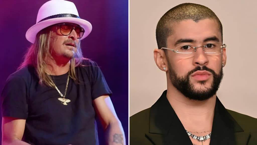 Photos of Kid Rock and Bad Bunny who both performed during halftime at the Super Bowl in alternate broadcasts.