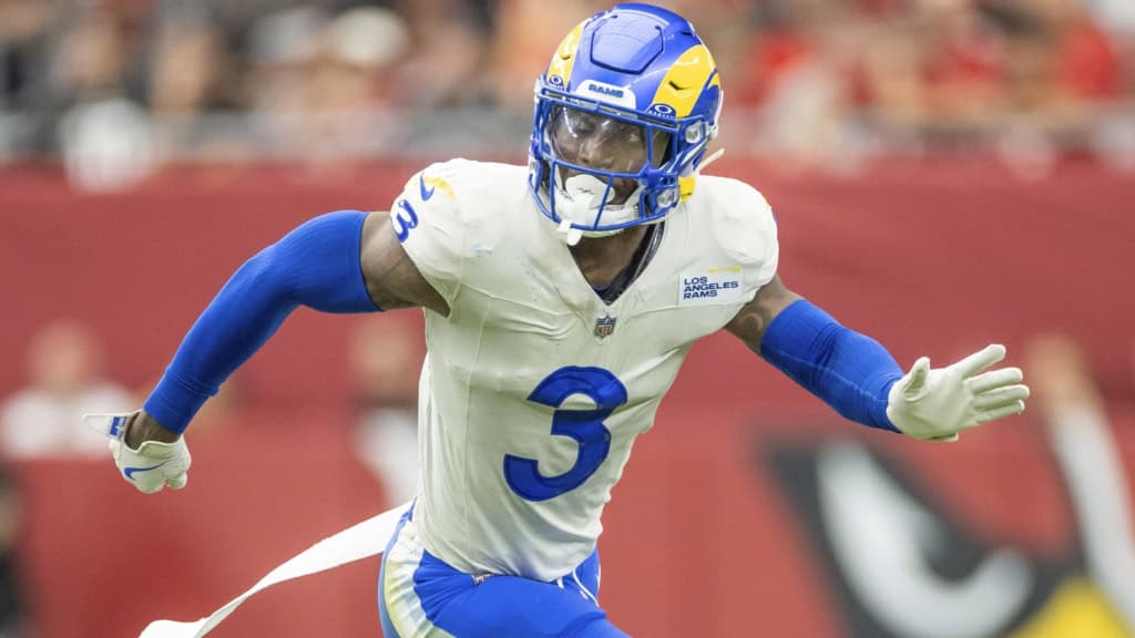 Los Angeles Rams defensive back in the secondary reacts during pass coverage against the Arizona Cardinals.