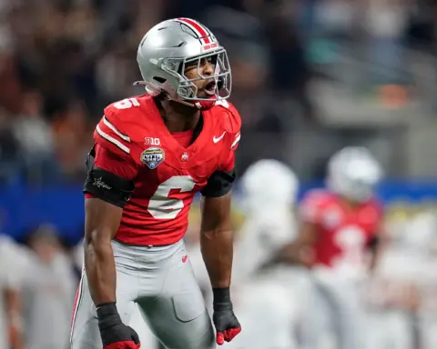 Ohio State safety Sonny Styles fires up the crowd during the Cotton Bowl, strengthening his case as a top defensive prospect in recent mock draft discussions.