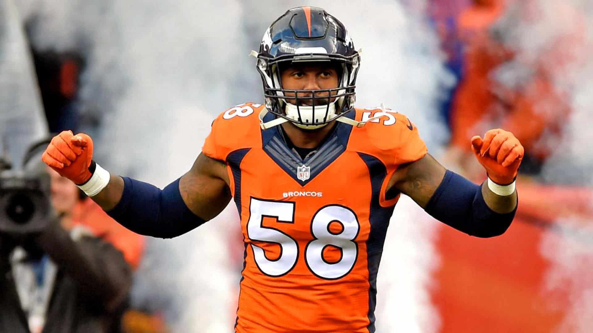 Denver Broncos edge rusher Von Miller displaying the explosive, long-limbed body type the new defensive coordinator prioritizes for speed and power off the edge.