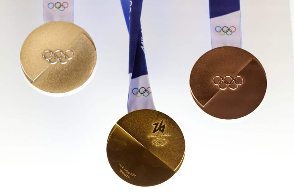 Winter Olympics gold, silver, and bronze medals for Milano Cortina 2026 ice hockey competition