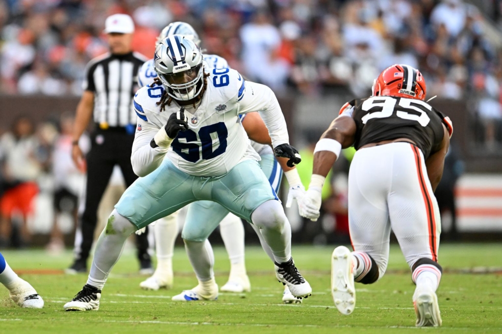 Tyler Guyton sets up in pass protection for the Dallas Cowboys against the Browns