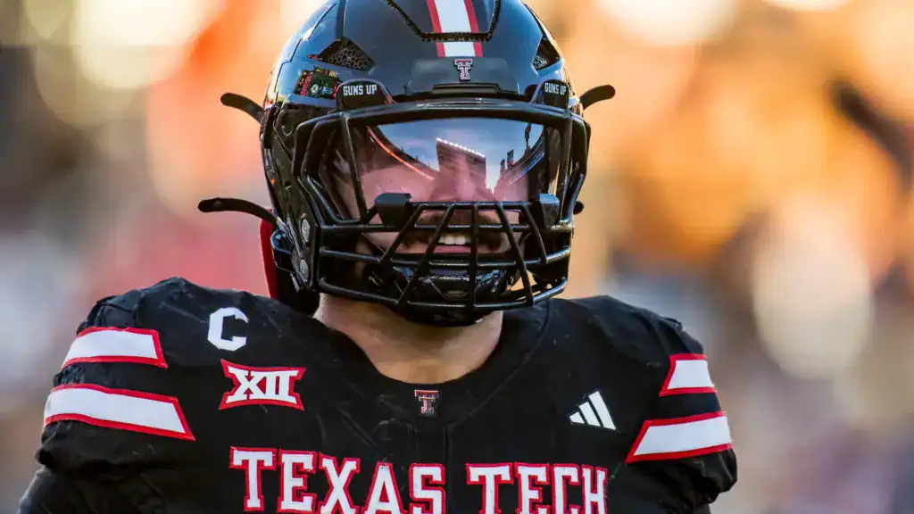 Texas Tech Red Raiders linebacker Jacob Rodriguez preparing before the snap as a 2026 NFL Draft prospect.