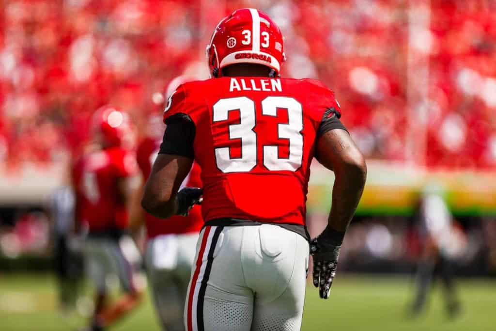 Georgia Defensive Prospects the Cowboys Could Target in the 2026 Draft Georgia linebacker CJ Allen (#33) runs onto the field for the Bulldogs defense, emerging 2026 NFL Draft linebacker prospect.