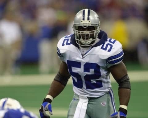 Dexter Coakley lines up for the Dallas Cowboys before the snap, highlighting the undersized but explosive frame that makes him a common comparison point for modern linebackers.