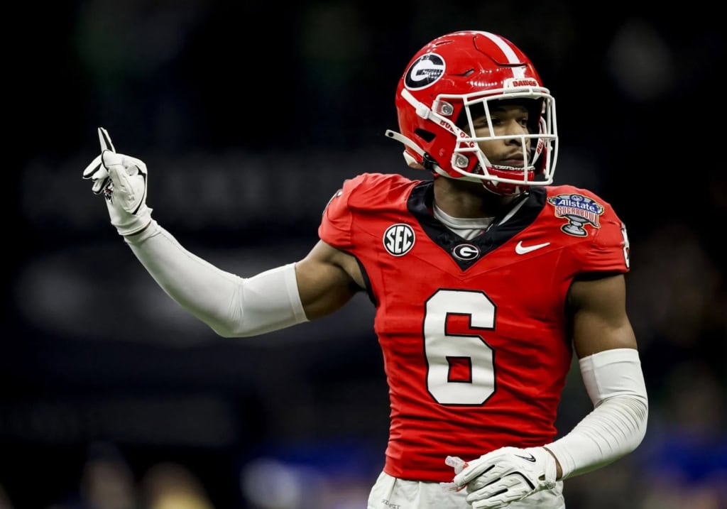 Georgia Defensive Prospects the Cowboys Could Target in the 2026 Draft Georgia cornerback Daylen Everette (#6) signals coverage during the Allstate Sugar Bowl, a top 2026 NFL Draft defensive back prospect.