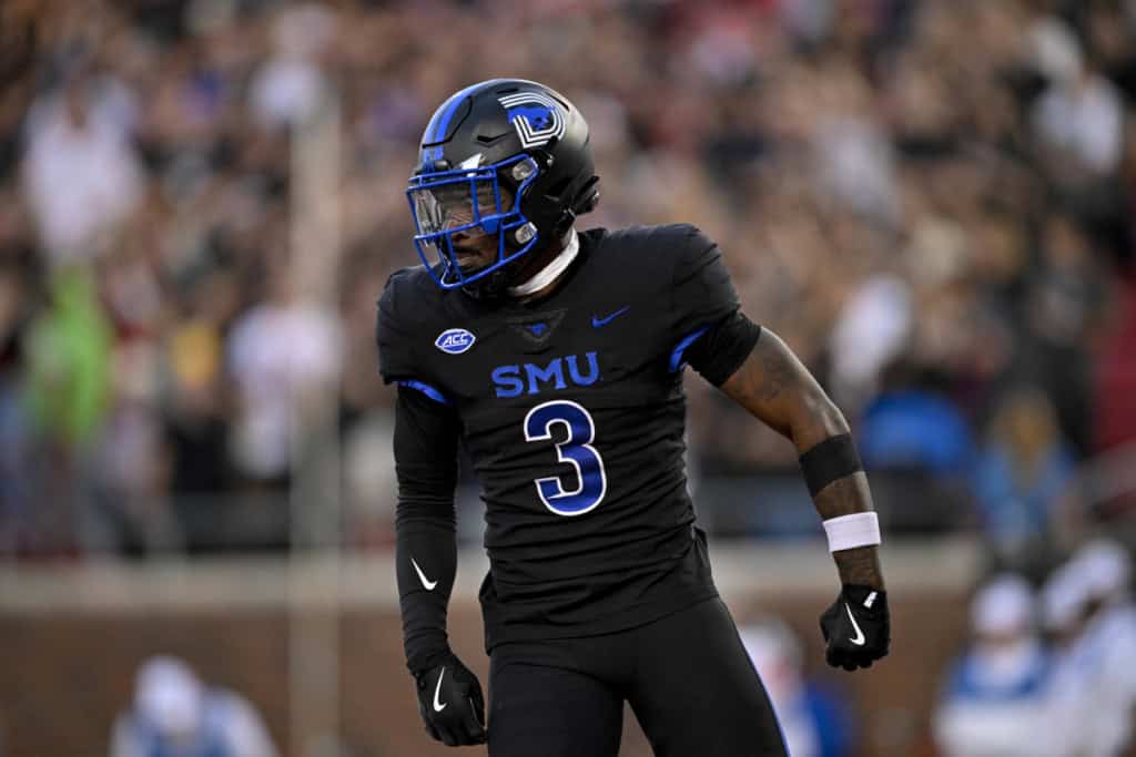 SMU defensive back, Ahmaad Moses (#3), in black uniform preparing for a play during an SMU football game