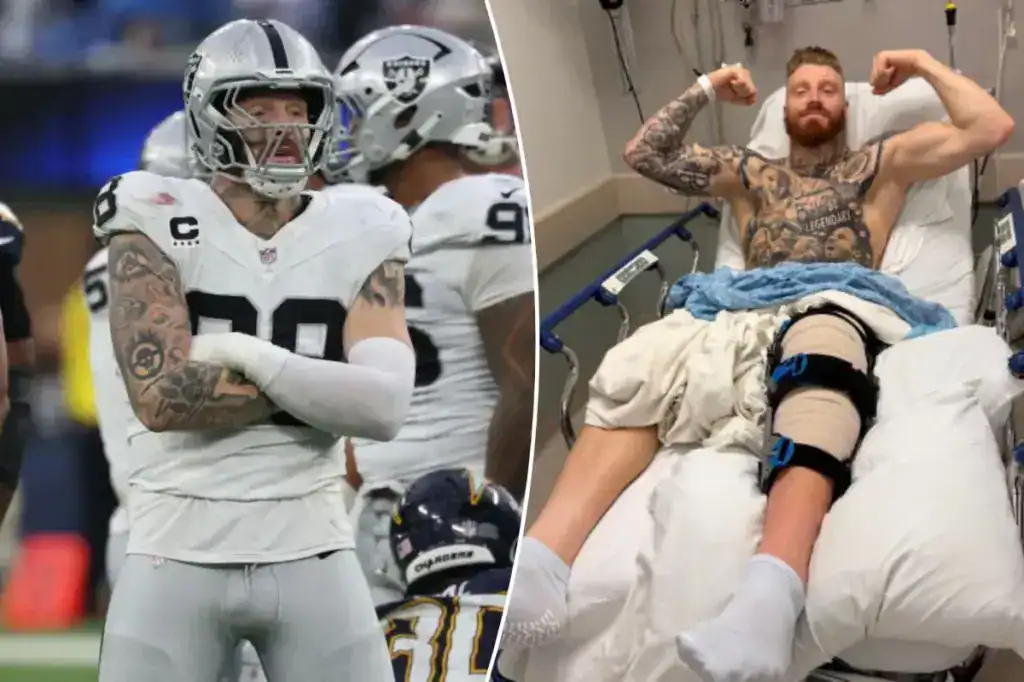 Maxx Crosby after knee surgery and during a Las Vegas Raiders game showing the star pass rusher’s injury recovery.