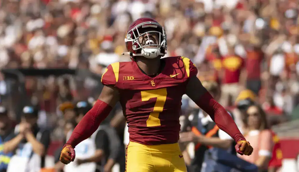 USC defensive back celebrates on the field, viewed as a possible Dallas Cowboys 30 Visit or Dallas Day Visit target