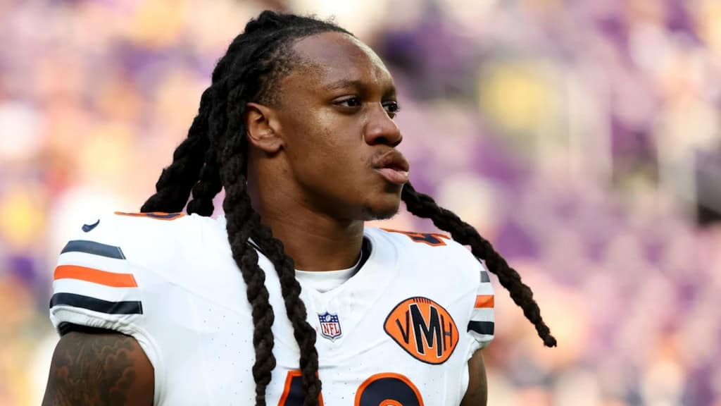 Close-up of Chicago Bears linebacker Tremaine Edmunds in white uniform during pregame warmups