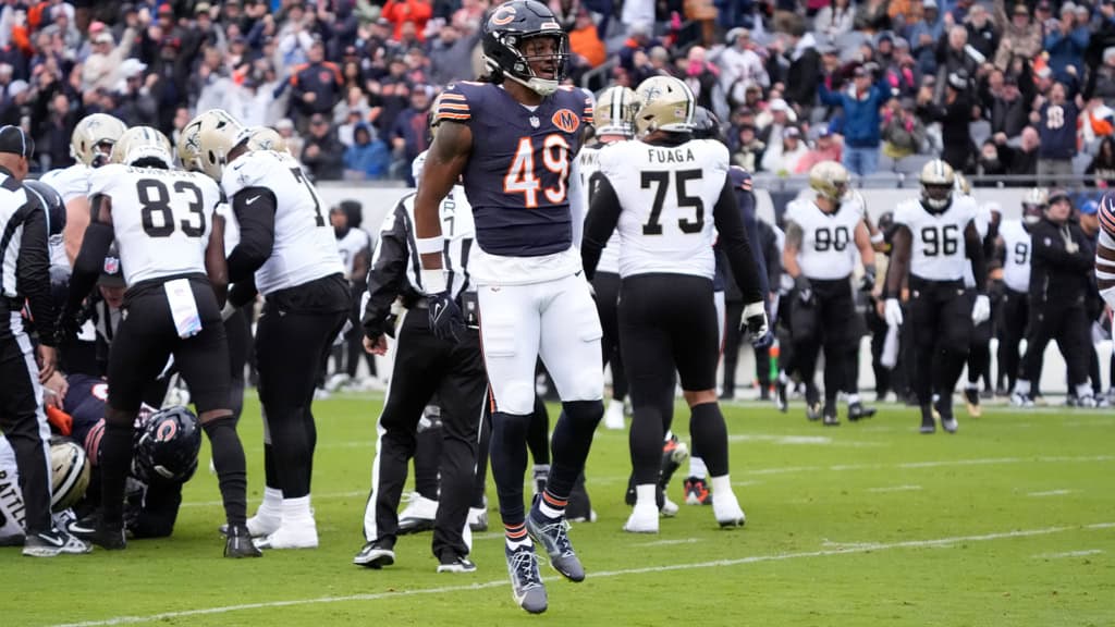 Tremaine Edmunds Chicago Bears linebacker celebrating a defensive stop during an NFL game against the New Orleans Saints