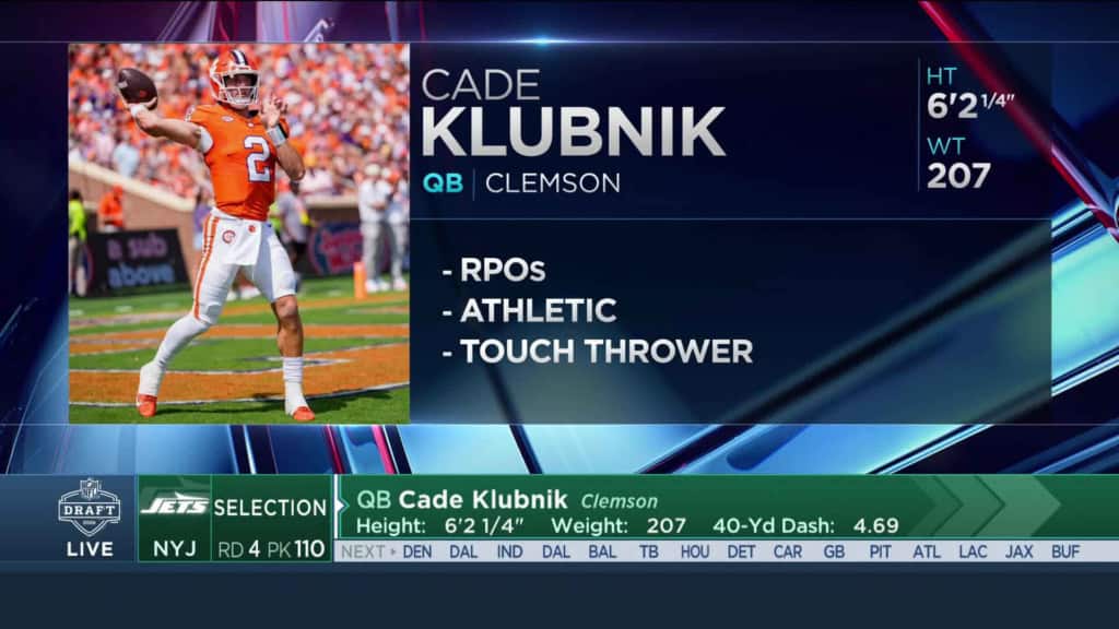 Rookie Cade Klubnik is shown on the 2026 NFL Draft broadcast graphic after being selected by the New York Jets.