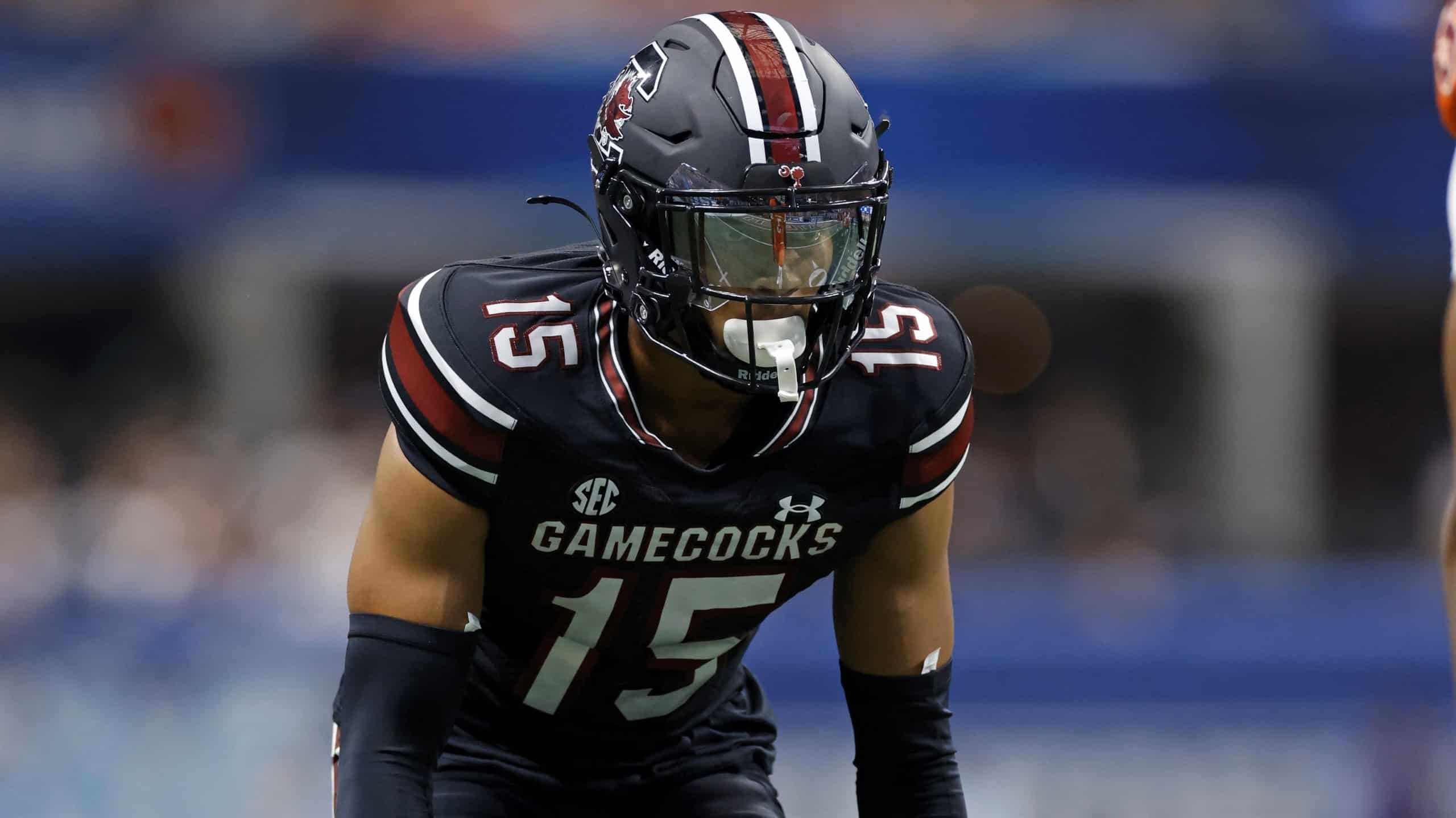 2026 NFL Draft prospect Brandon Cisse lines up in coverage for South Carolina in a close-up game shot.