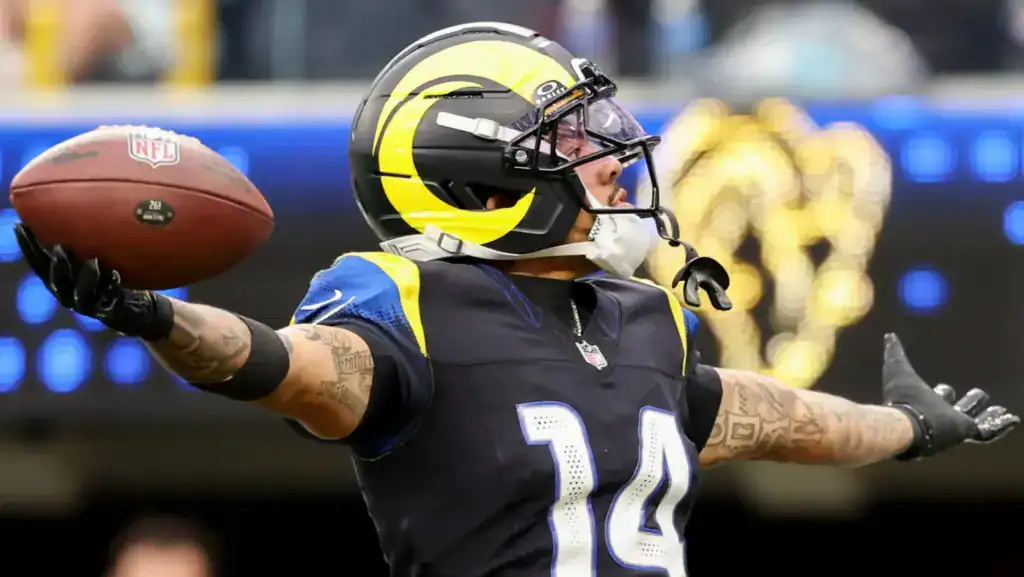 Cobie Durant tracks the football in a Los Angeles Rams uniform as part of the Dallas Cowboys 2026 defensive depth chart projection.