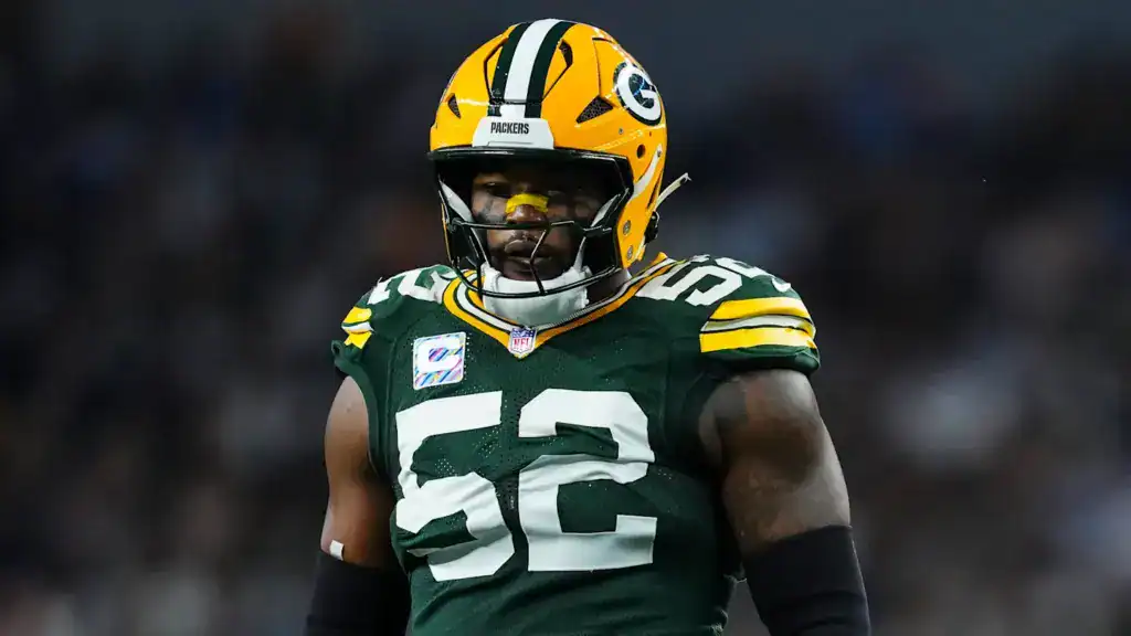 Rashan Gary shown in a Green Bay Packers uniform as an edge-rusher option in the Dallas Cowboys 2026 defensive depth chart projection.