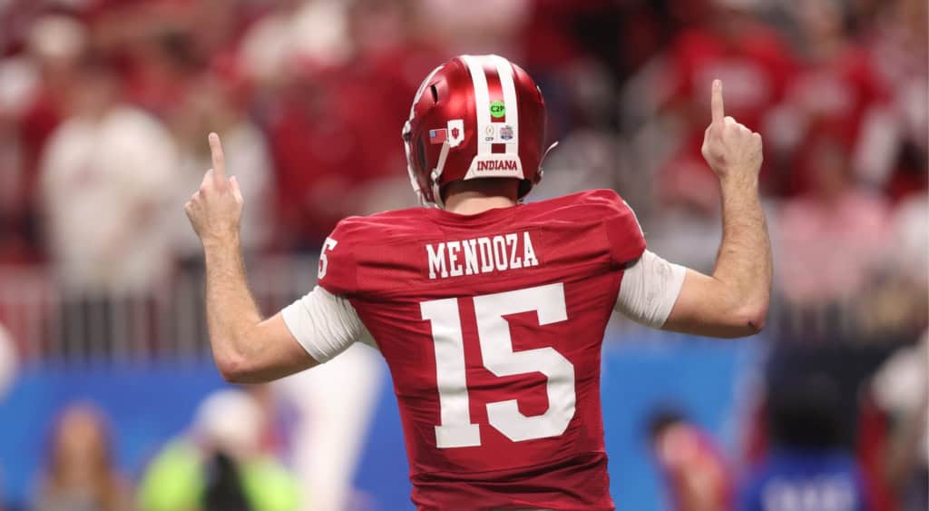 Indiana quarterback Fernando Mendoza celebrates after a big moment, adding to the buzz around his NFL Draft stock.