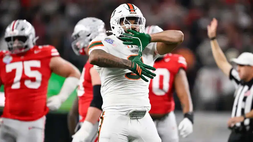 2026 NFL Draft prospect Akheem Mesidor celebrates during Miami’s game against Ohio State.

