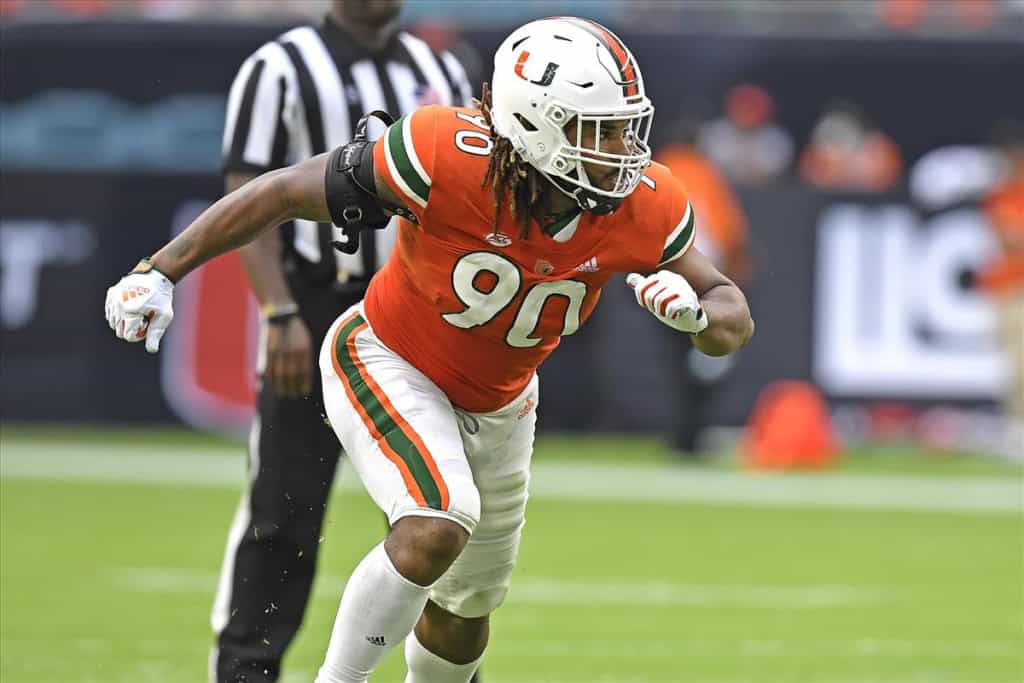 Akheem Mesidor's 2026 Draft Red Flag For Teams Like the Cowboys 2026 NFL Draft prospect Akheem Mesidor rushes off the edge in an orange Miami Hurricanes uniform during a defensive play.