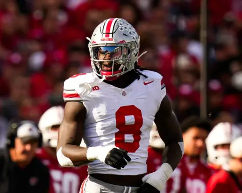 Arvell Reese of Ohio State in a white No. 8 uniform during a game, running on the field with a blurred red crowd in the background.
