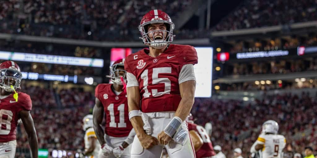 2026 NFL Draft prospect Ty Simpson celebrates after a big play for Alabama.