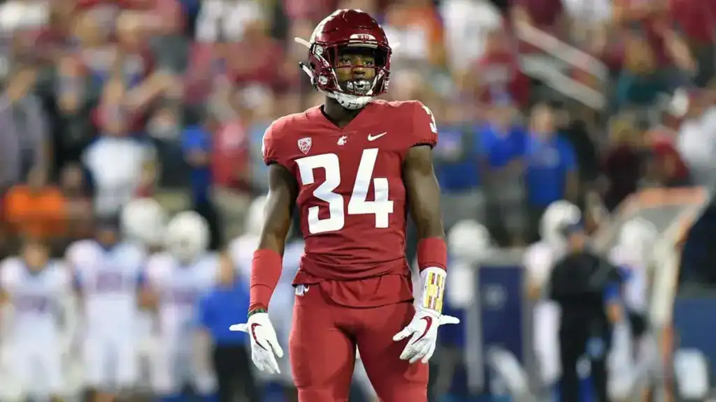 Jalen Thompson shown in a Washington State uniform as a safety option in the Dallas Cowboys 2026 defensive depth chart projection.