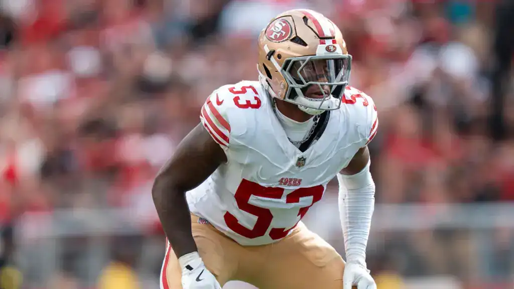 Dee Winters shown in a San Francisco 49ers uniform as a linebacker option in the Dallas Cowboys 2026 defensive depth chart projection.