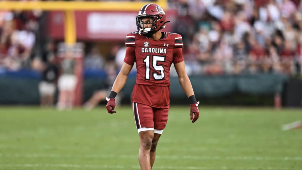 2026 NFL Draft prospect Brandon Cisse walks the field for South Carolina before the snap.