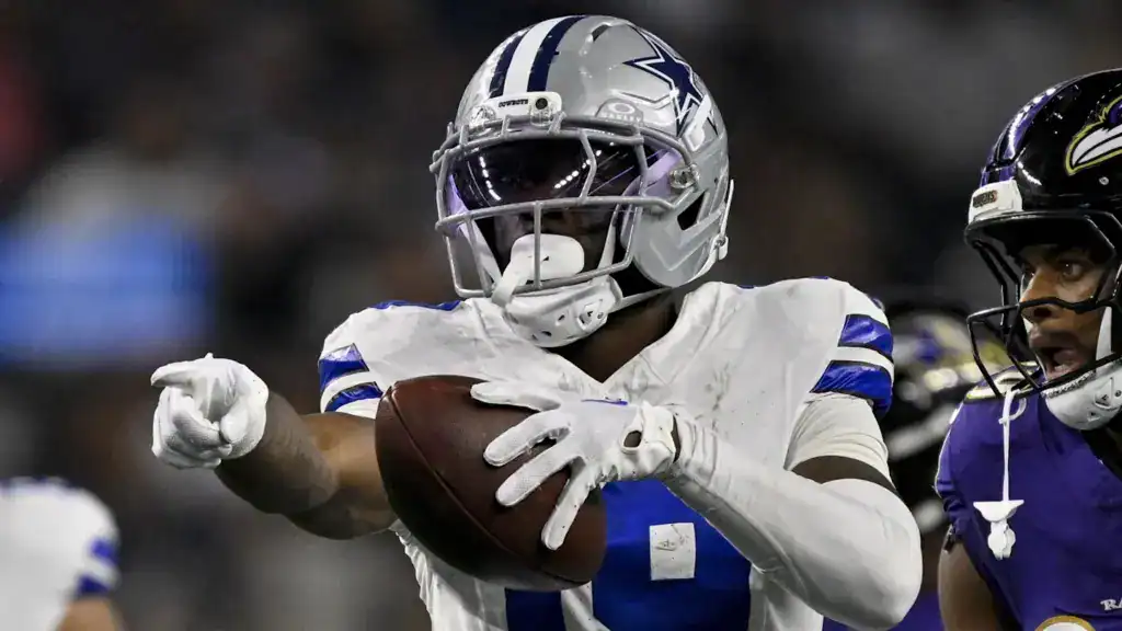 Ryan Flournoy points after a catch for the Dallas Cowboys in Dallas Cowboys Breakout Watch 2026.