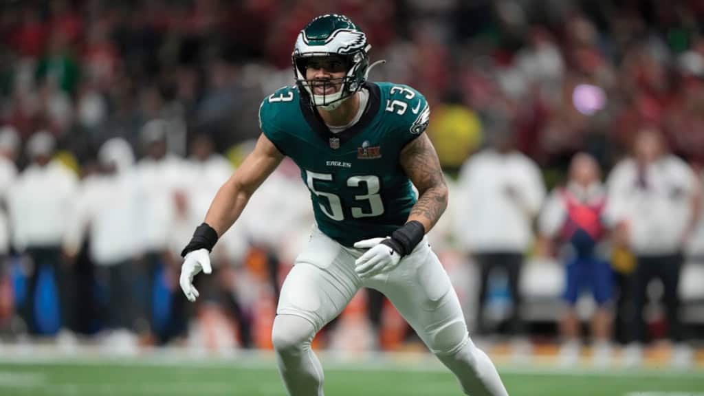 Zack Baun linebacker lining up for the Philadelphia Eagles during Super Bowl action.