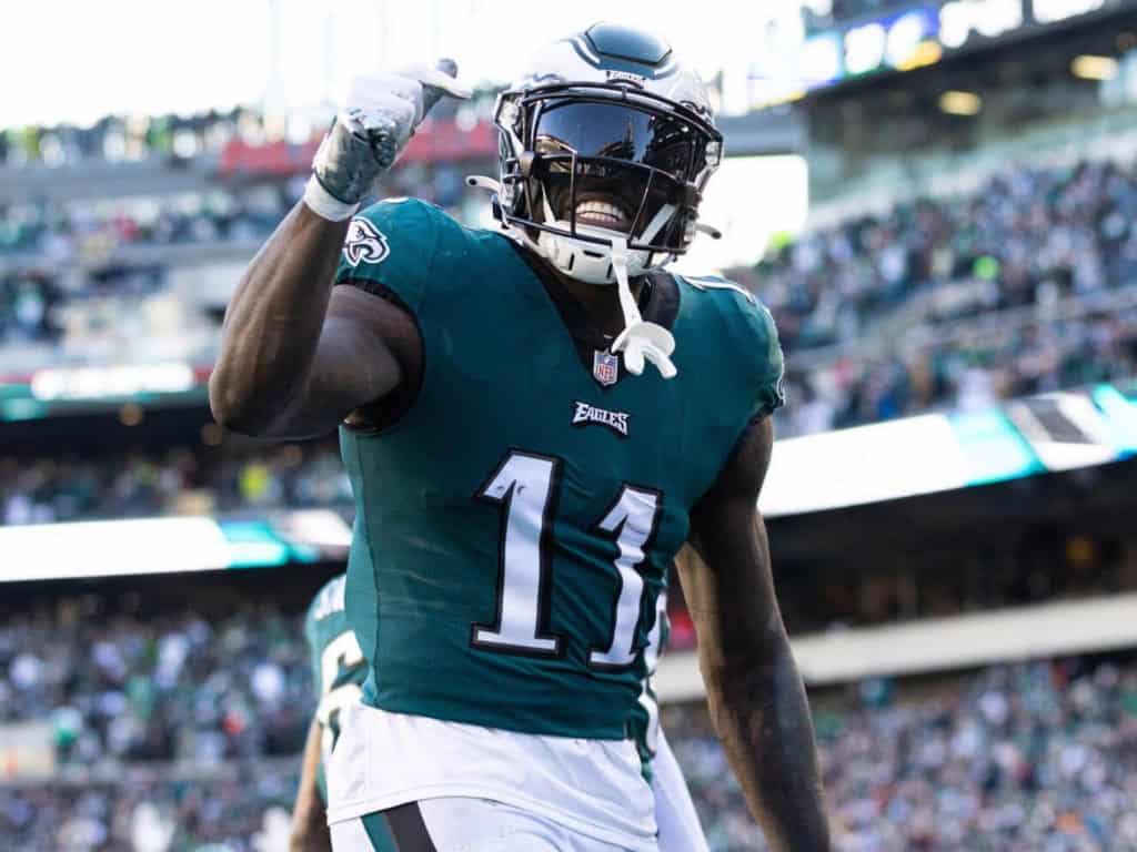 A.J. Brown celebrates for the Philadelphia Eagles as fans debate whether the Cowboys’ 2026 wide receivers top the NFC East.


