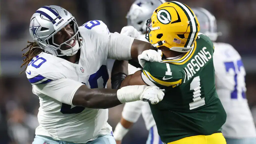 Tyler Guyton battles Green Bay Packers defender Micah Parsons as the Cowboys evaluate why his clock is ticking without hitting the panic button.