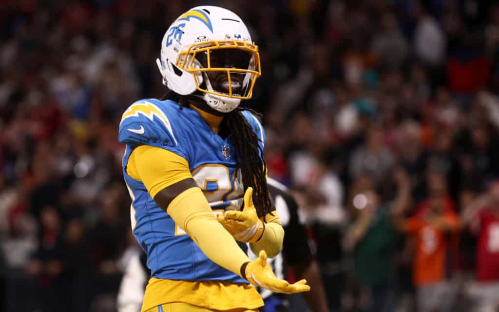 Donte Jackson reacts during a Los Angeles Chargers game as a potential June 1st cut option.