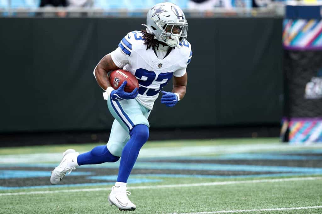 Jaydon Blue runs with the football for the Dallas Cowboys as he makes his case for a shot at Cowboys RB2.
