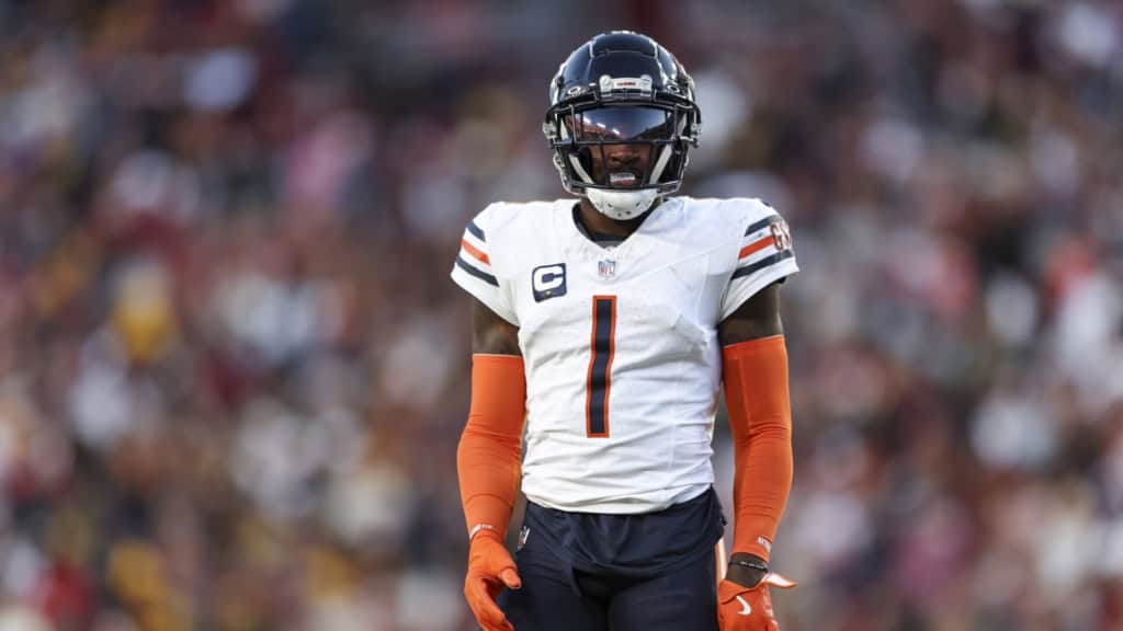 Jaylon Johnson stands on the field for the Chicago Bears while being mentioned as a potential June 1st cut candidate.