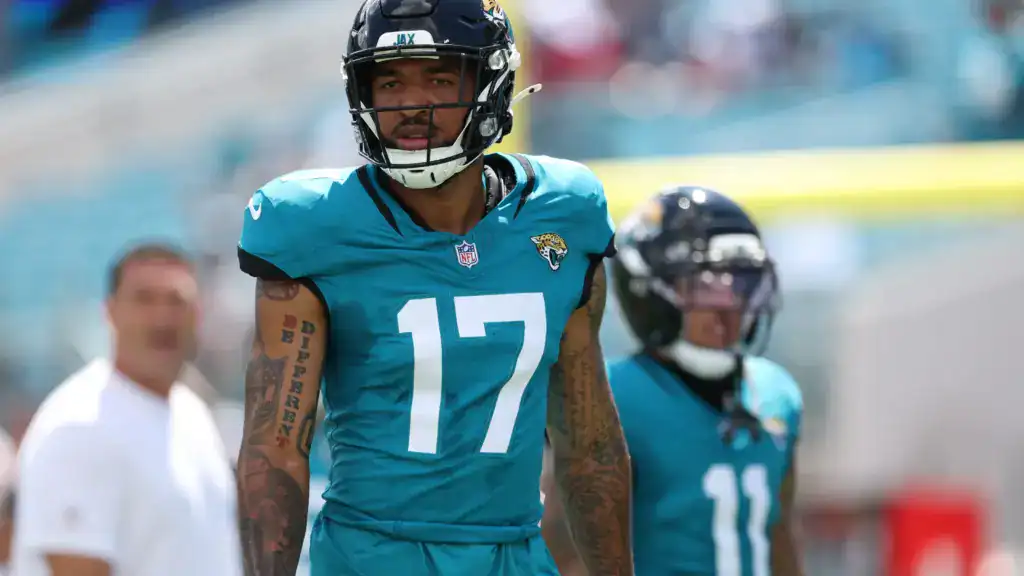 Veteran free agent wide receiver Tim Patrick warms up in a Jacksonville Jaguars uniform during an NFL game.